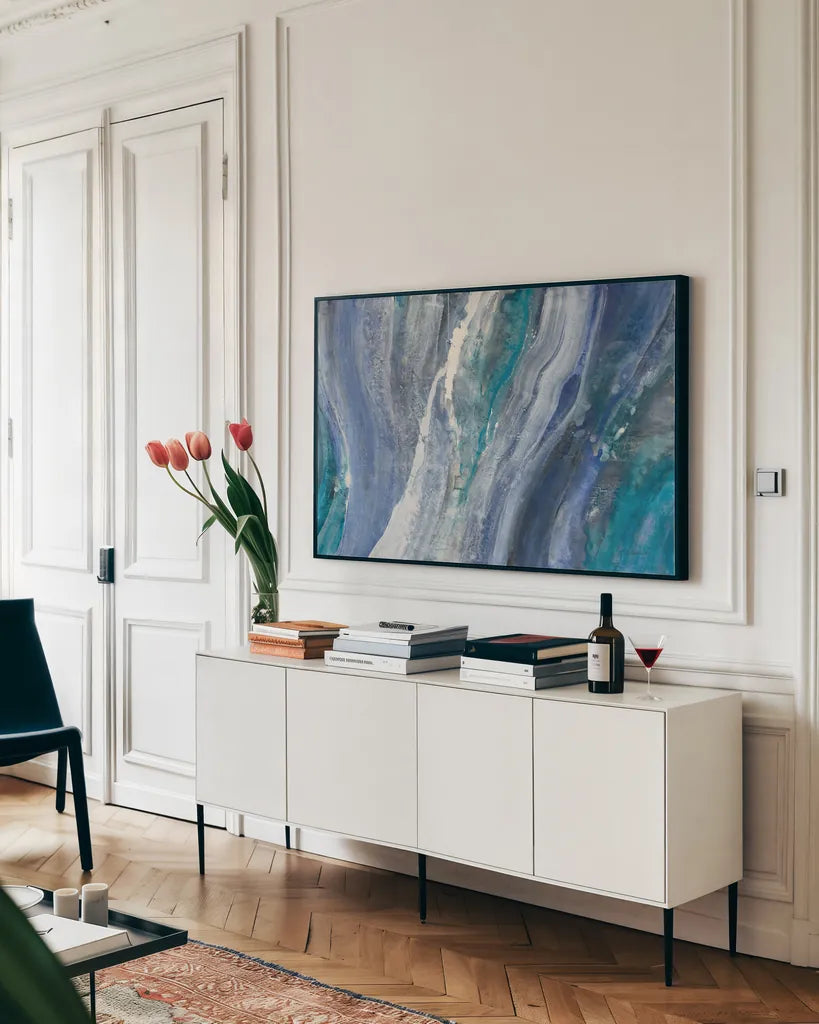 Merging Rivers by Albena Hristova. shown as a framed stretched canvas in a living room above a console. Available as a archival giclee rolled canvas, fine art paper, or poster print. SKU 70619i.