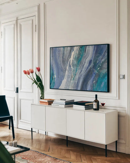 Merging Rivers by Albena Hristova. shown as a framed stretched canvas in a living room above a console. Available as a archival giclee rolled canvas, fine art paper, or poster print. SKU 70619i.