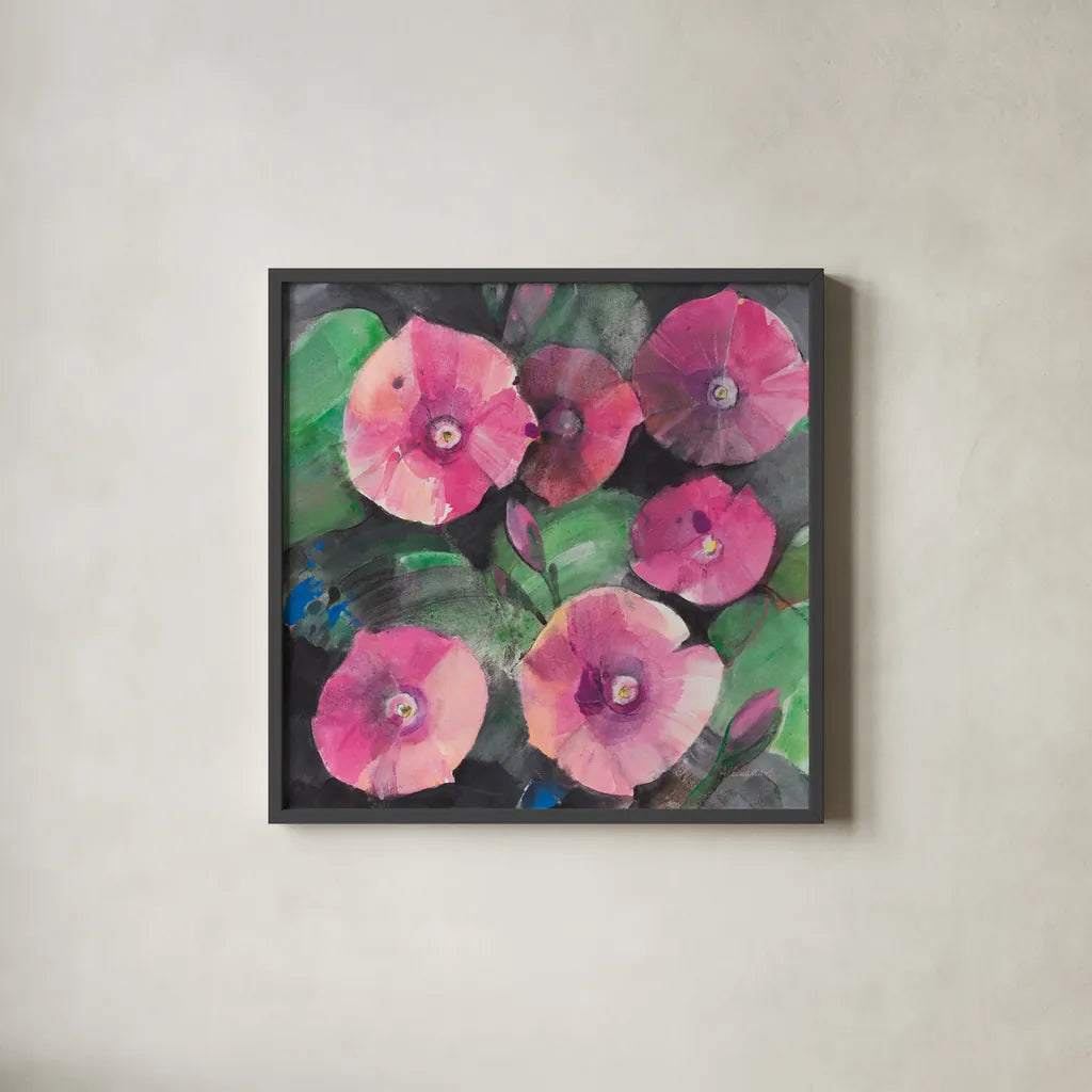 Midnight Blooms I by Albena Hristova. Shown in a sleek black glass frame for a contemporary gallery look. Available as an archival giclee rolled canvas, fine art paper, or poster print. SKU 91598a.