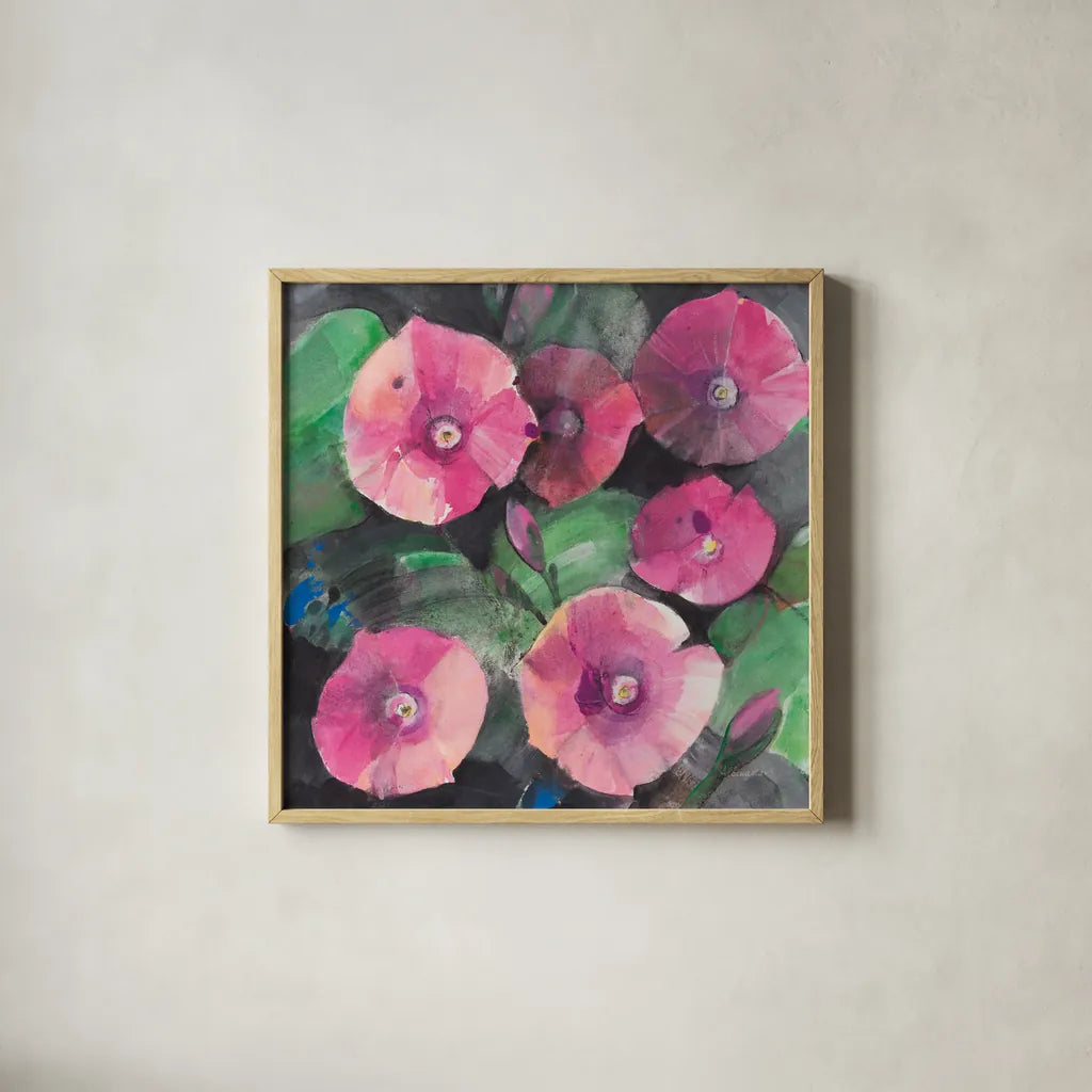 Midnight Blooms I by Albena Hristova. Shown in a natural wood glass frame for a timeless modern aesthetic. Available as an archival giclee rolled canvas, fine art paper, or poster print. SKU 91598a.