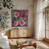 Midnight Blooms I by Albena Hristova. Shown in a natural wood frame in a cozy modern living room. Available as an archival giclee rolled canvas, fine art paper, or poster print. SKU 91598a.