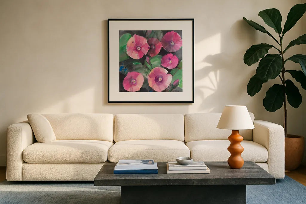 Midnight Blooms I by Albena Hristova. Displayed in a glass frame with matte in a clean modern living room. Available as an archival giclee rolled canvas, fine art paper, or poster print. SKU 91598a.