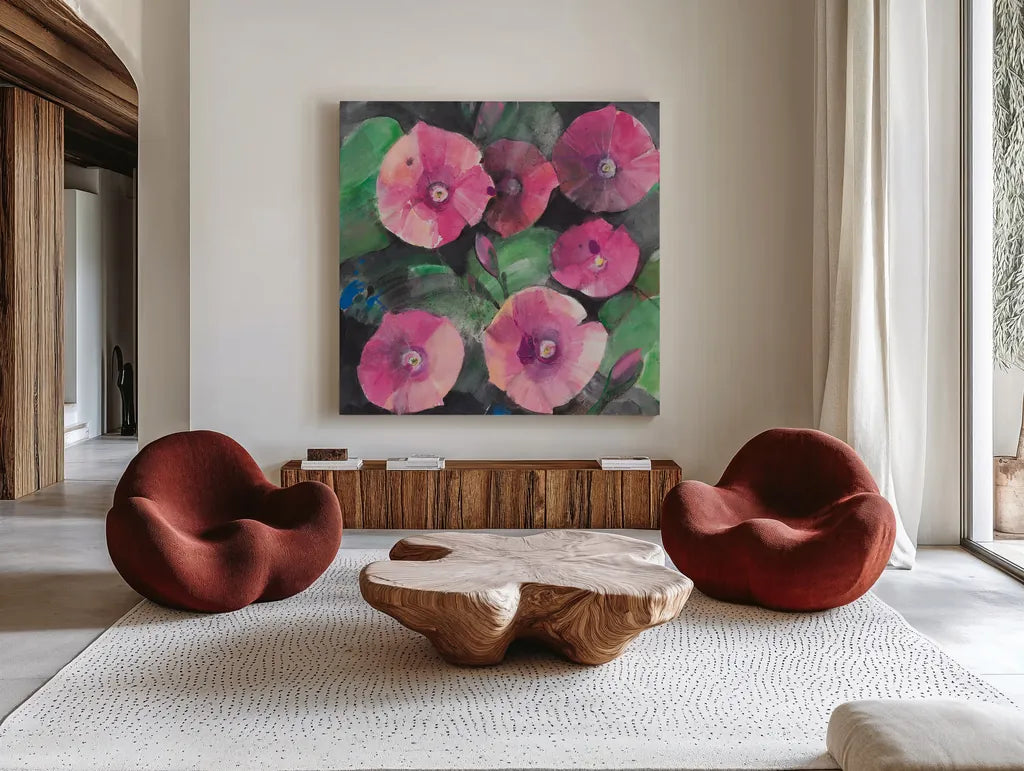 Midnight Blooms I by Albena Hristova. Shown as extra-large giant wall art in a modern living room. Available as an archival giclee rolled canvas, fine art paper, or poster print. SKU 91598a.