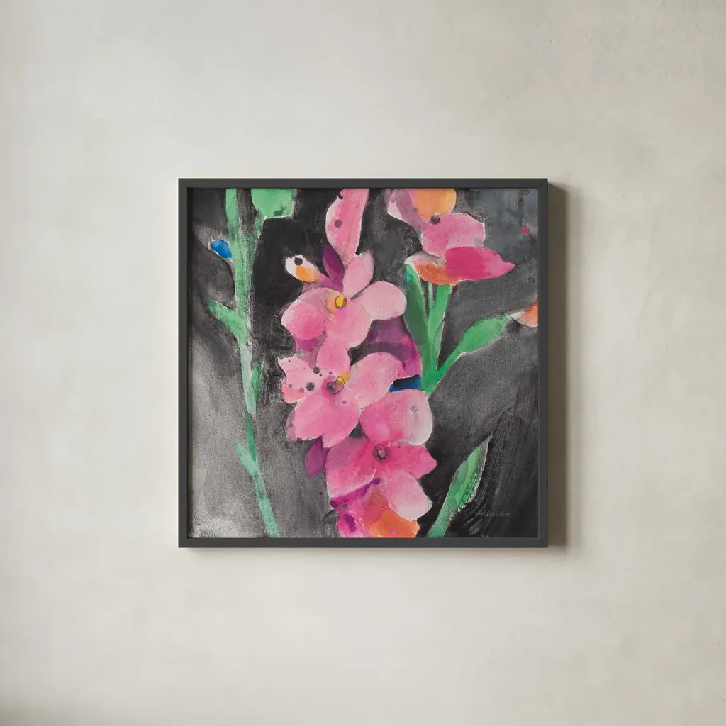 Midnight Blooms II by Albena Hristova. Shown in a sleek black glass frame for a contemporary gallery look. Available as an archival giclee rolled canvas, fine art paper, or poster print. SKU 91599a.