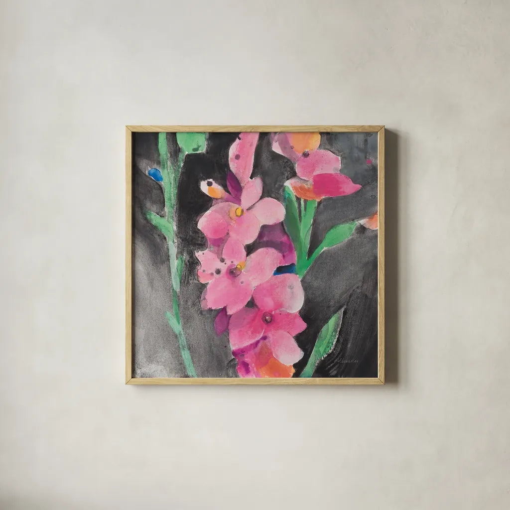 Midnight Blooms II by Albena Hristova. Shown in a natural wood glass frame for a timeless modern aesthetic. Available as an archival giclee rolled canvas, fine art paper, or poster print. SKU 91599a.