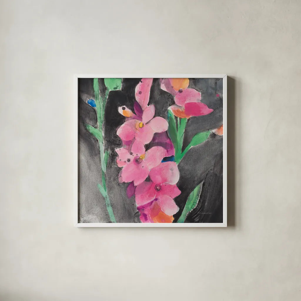 Midnight Blooms II by Albena Hristova. Shown in a crisp white glass frame for a clean and minimalist style. Available as an archival giclee rolled canvas, fine art paper, or poster print. SKU 91599a.