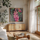 Midnight Blooms II by Albena Hristova. Shown in a natural wood frame in a cozy modern living room. Available as an archival giclee rolled canvas, fine art paper, or poster print. SKU 91599a.