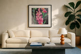 Midnight Blooms II by Albena Hristova. Displayed in a glass frame with matte in a clean modern living room. Available as an archival giclee rolled canvas, fine art paper, or poster print. SKU 91599a.