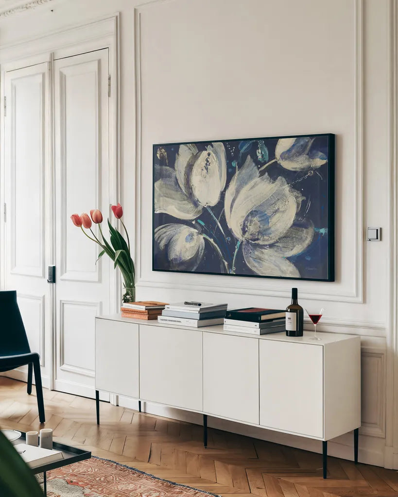 Midnight Garden Bright by Albena Hristova. shown as a framed stretched canvas in a living room above a console. Available as a archival giclee rolled canvas, fine art paper, or poster print. SKU 71360i.
