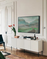Misted Valley by Albena Hristova. shown as a framed stretched canvas in a living room above a console. Available as a archival giclee rolled canvas, fine art paper, or poster print. SKU 68564i.