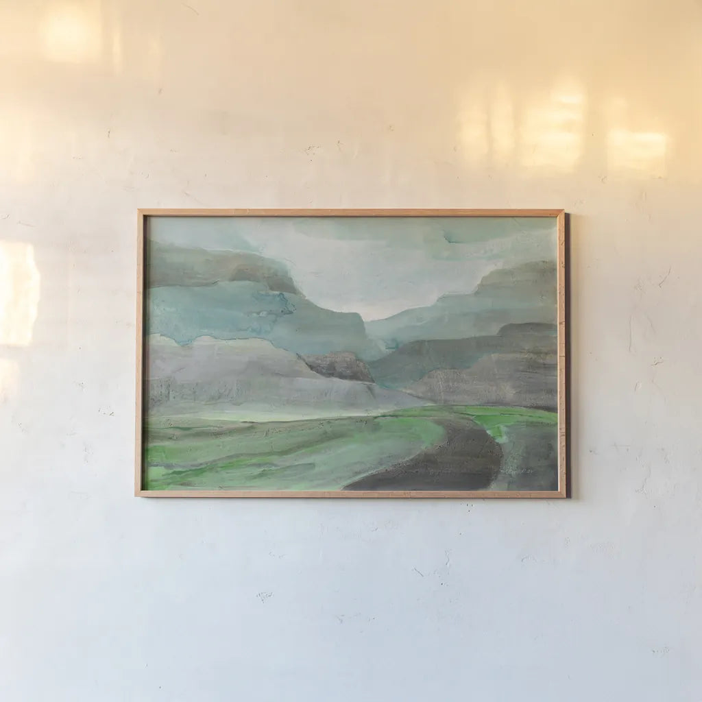 Misted Valley by Albena Hristova. shown as a paper print in a natural frame. Available as a archival giclee rolled canvas, fine art paper, or poster print. SKU 68564i.