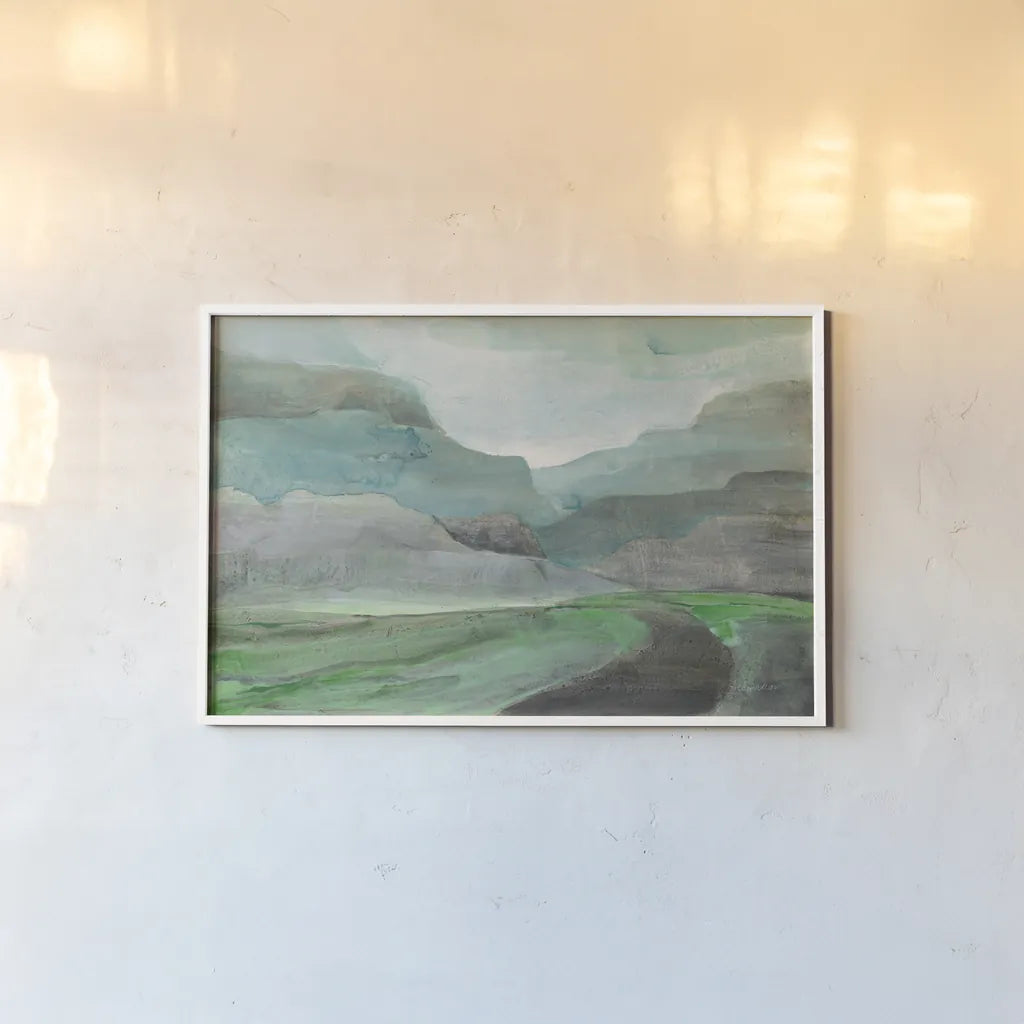 Misted Valley by Albena Hristova. shown as a paper print in a white frame. Available as a archival giclee rolled canvas, fine art paper, or poster print. SKU 68564i.