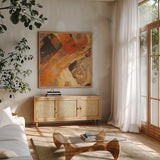 Moab by Albena Hristova. Shown in a natural wood frame in a cozy modern living room. Available as an archival giclee rolled canvas, fine art paper, or poster print. SKU 25233a.