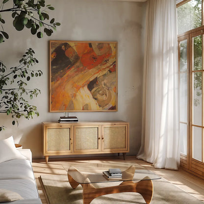 Moab by Albena Hristova. Shown in a natural wood frame in a cozy modern living room. Available as an archival giclee rolled canvas, fine art paper, or poster print. SKU 25233a.