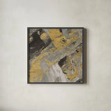 Moab Gold and Black by Albena Hristova. Shown in a sleek black glass frame for a contemporary gallery look. Available as an archival giclee rolled canvas, fine art paper, or poster print. SKU 28025a.