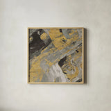Moab Gold and Black by Albena Hristova. Shown in a natural wood glass frame for a timeless modern aesthetic. Available as an archival giclee rolled canvas, fine art paper, or poster print. SKU 28025a.