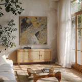 Moab Gold and Black by Albena Hristova. Shown in a natural wood frame in a cozy modern living room. Available as an archival giclee rolled canvas, fine art paper, or poster print. SKU 28025a.
