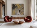 Moab Gold and Black by Albena Hristova. Shown as extra-large giant wall art in a modern living room. Available as an archival giclee rolled canvas, fine art paper, or poster print. SKU 28025a.