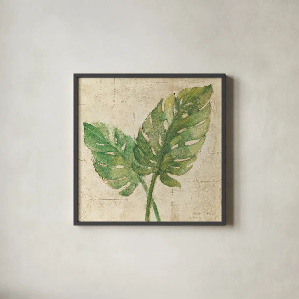 Monstera Leaves Neutral Crop by Albena Hristova. Shown in a sleek black glass frame for a contemporary gallery look. Available as an archival giclee rolled canvas, fine art paper, or poster print. SKU 24274a.