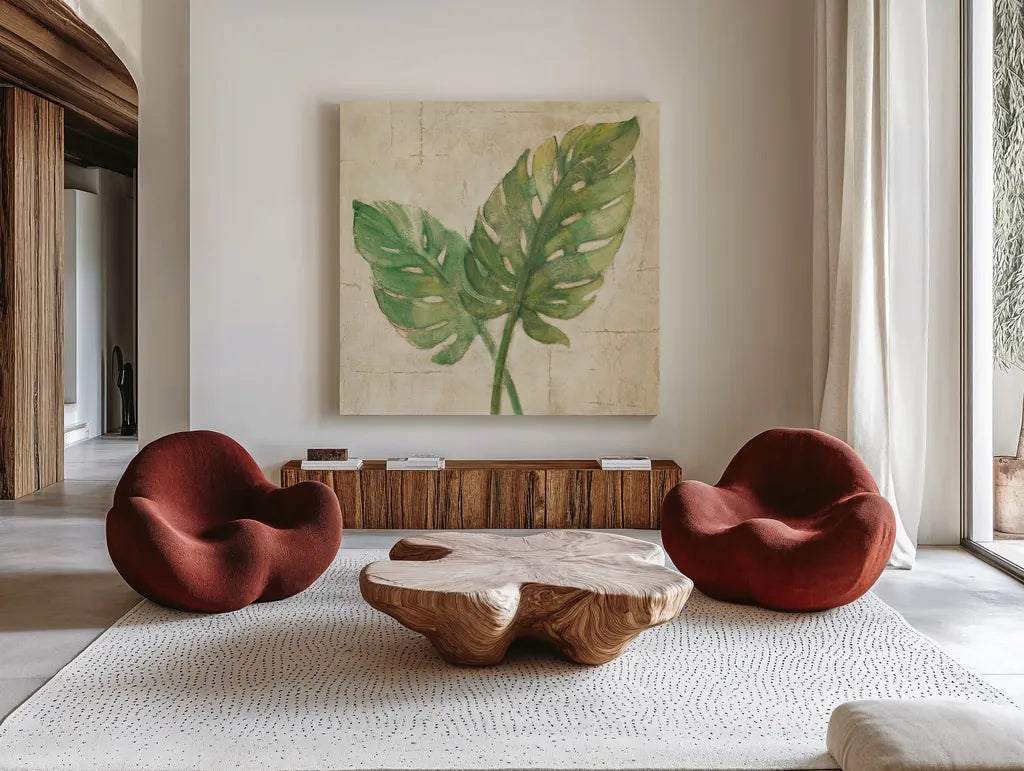 Monstera Leaves Neutral Crop by Albena Hristova. Shown as extra-large giant wall art in a modern living room. Available as an archival giclee rolled canvas, fine art paper, or poster print. SKU 24274a.