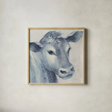Moo Blue Crop by Albena Hristova. Shown in a natural wood glass frame for a timeless modern aesthetic. Available as an archival giclee rolled canvas, fine art paper, or poster print. SKU 52917a.