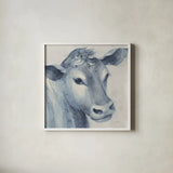 Moo Blue Crop by Albena Hristova. Shown in a crisp white glass frame for a clean and minimalist style. Available as an archival giclee rolled canvas, fine art paper, or poster print. SKU 52917a.