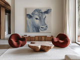 Moo Blue Crop by Albena Hristova. Shown as extra-large giant wall art in a modern living room. Available as an archival giclee rolled canvas, fine art paper, or poster print. SKU 52917a.