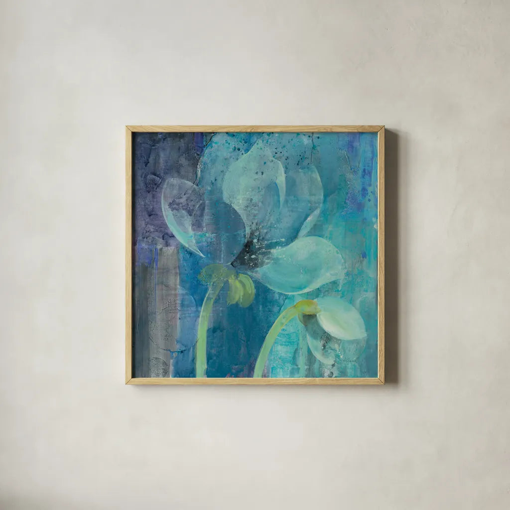 Moonlight Garden by Albena Hristova. Shown in a natural wood glass frame for a timeless modern aesthetic. Available as an archival giclee rolled canvas, fine art paper, or poster print. SKU 38265a.