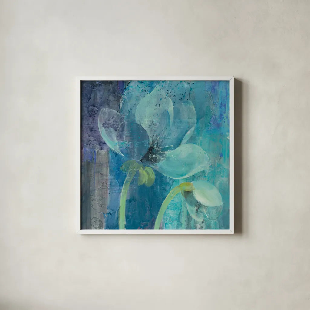 Moonlight Garden by Albena Hristova. Shown in a crisp white glass frame for a clean and minimalist style. Available as an archival giclee rolled canvas, fine art paper, or poster print. SKU 38265a.