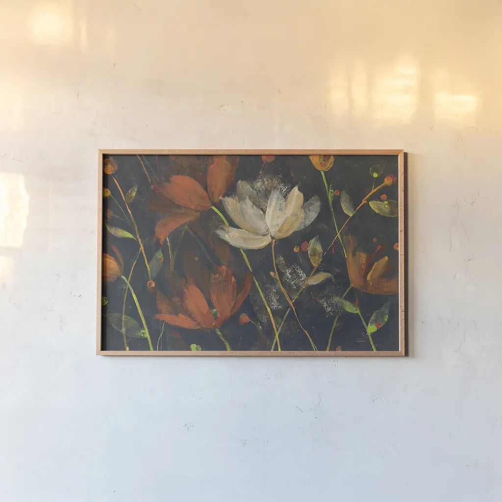 Moonlight Garden I Spice by Albena Hristova. shown as a paper print in a natural frame. Available as a archival giclee rolled canvas, fine art paper, or poster print. SKU 32139i.