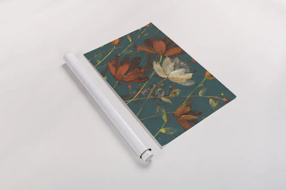 Moonlight Garden I Spice on Teal by Albena Hristova. shown as a rolled paper print. Available as archival giclee rolled canvas, fine art paper, or poster print. SKU 33325i.