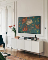 Moonlight Garden I Spice on Teal by Albena Hristova. shown as a framed stretched canvas in a living room above a console. Available as a archival giclee rolled canvas, fine art paper, or poster print. SKU 33325i.