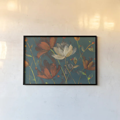 Moonlight Garden I Spice on Teal by Albena Hristova. shown as a paper print in a black flame. Available as a archival giclee rolled canvas, fine art paper, or poster print. SKU 33325i.