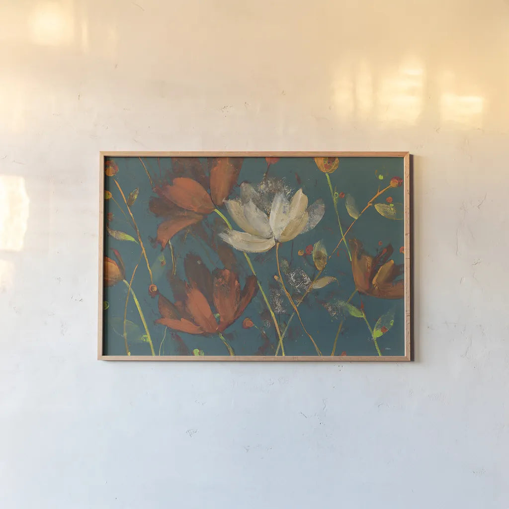 Moonlight Garden I Spice on Teal by Albena Hristova. shown as a paper print in a natural frame. Available as a archival giclee rolled canvas, fine art paper, or poster print. SKU 33325i.