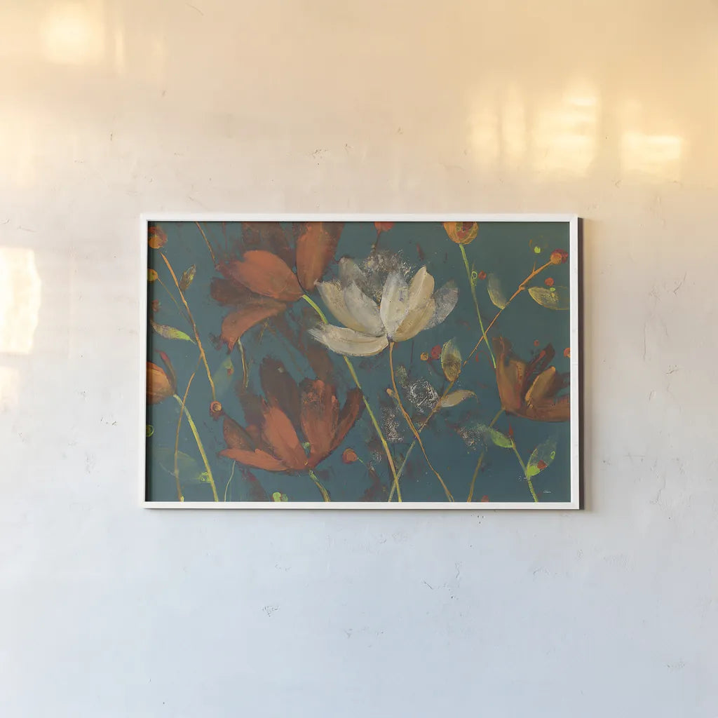 Moonlight Garden I Spice on Teal by Albena Hristova. shown as a paper print in a white frame. Available as a archival giclee rolled canvas, fine art paper, or poster print. SKU 33325i.