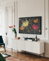 Moonlight Garden II by Albena Hristova. shown as a framed stretched canvas in a living room above a console. Available as a archival giclee rolled canvas, fine art paper, or poster print. SKU 30233i.