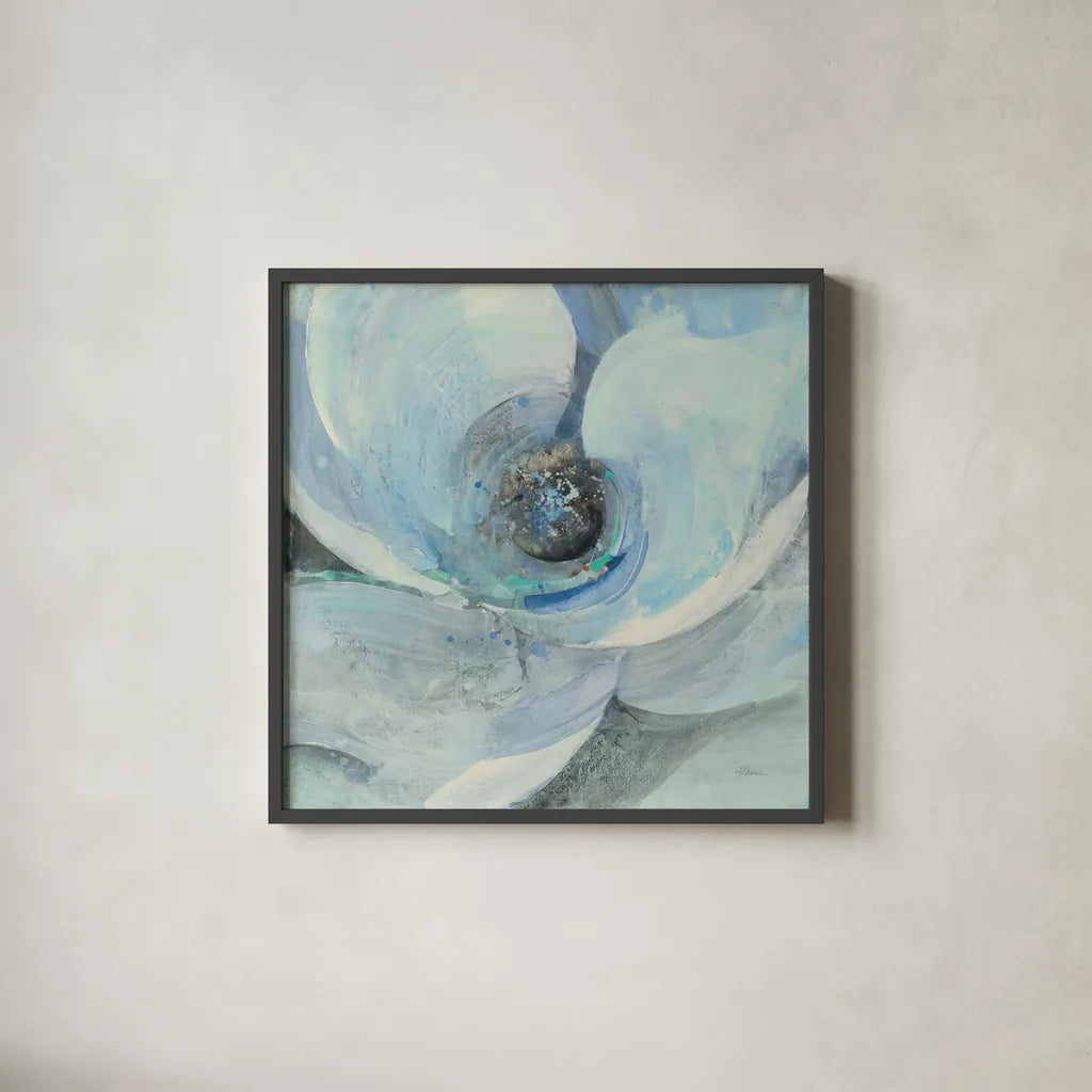 Moonlight Magnolia I by Albena Hristova. Shown in a sleek black glass frame for a contemporary gallery look. Available as an archival giclee rolled canvas, fine art paper, or poster print. SKU 46613a.