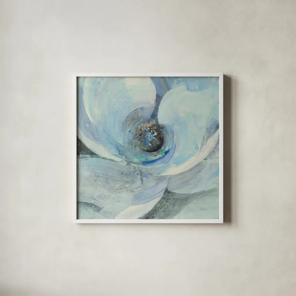 Moonlight Magnolia I by Albena Hristova. Shown in a crisp white glass frame for a clean and minimalist style. Available as an archival giclee rolled canvas, fine art paper, or poster print. SKU 46613a.