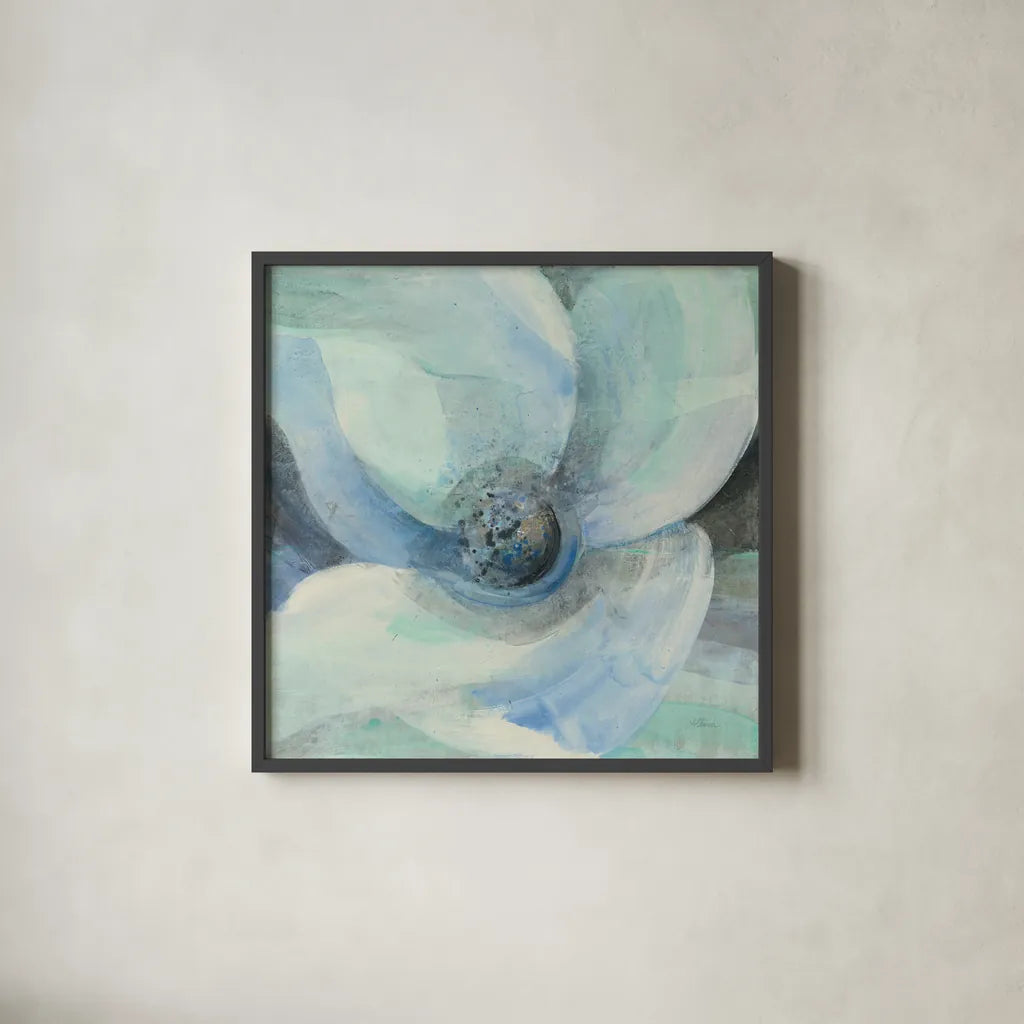 Moonlight Magnolia II by Albena Hristova. Shown in a sleek black glass frame for a contemporary gallery look. Available as an archival giclee rolled canvas, fine art paper, or poster print. SKU 46614a.