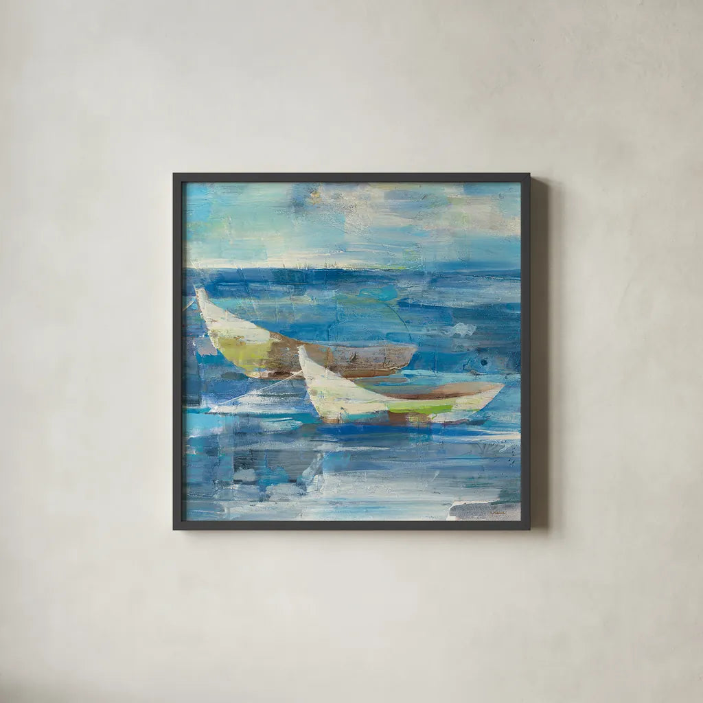 Mooring for the Day v.2 Sq by Albena Hristova. Shown in a sleek black glass frame for a contemporary gallery look. Available as an archival giclee rolled canvas, fine art paper, or poster print. SKU 20869a.