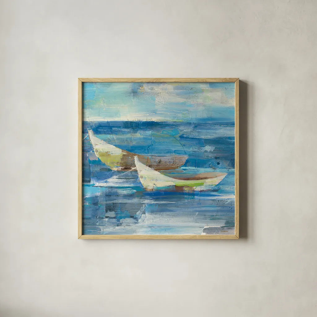 Mooring for the Day v.2 Sq by Albena Hristova. Shown in a natural wood glass frame for a timeless modern aesthetic. Available as an archival giclee rolled canvas, fine art paper, or poster print. SKU 20869a.