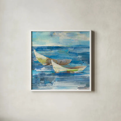 Mooring for the Day v.2 Sq by Albena Hristova. Shown in a crisp white glass frame for a clean and minimalist style. Available as an archival giclee rolled canvas, fine art paper, or poster print. SKU 20869a.