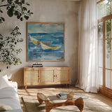Mooring for the Day v.2 Sq by Albena Hristova. Shown in a natural wood frame in a cozy modern living room. Available as an archival giclee rolled canvas, fine art paper, or poster print. SKU 20869a.