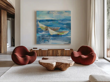 Mooring for the Day v.2 Sq by Albena Hristova. Shown as extra-large giant wall art in a modern living room. Available as an archival giclee rolled canvas, fine art paper, or poster print. SKU 20869a.