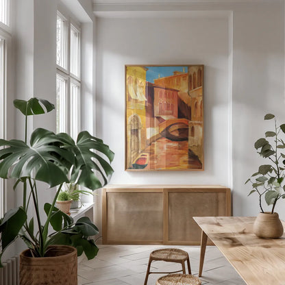 Morning on the Canal I by Albena Hristova. shown as a print in a natural wood frame in a dining room. Available as a archival giclee rolled canvas, fine art paper, or poster print. SKU 6320h.