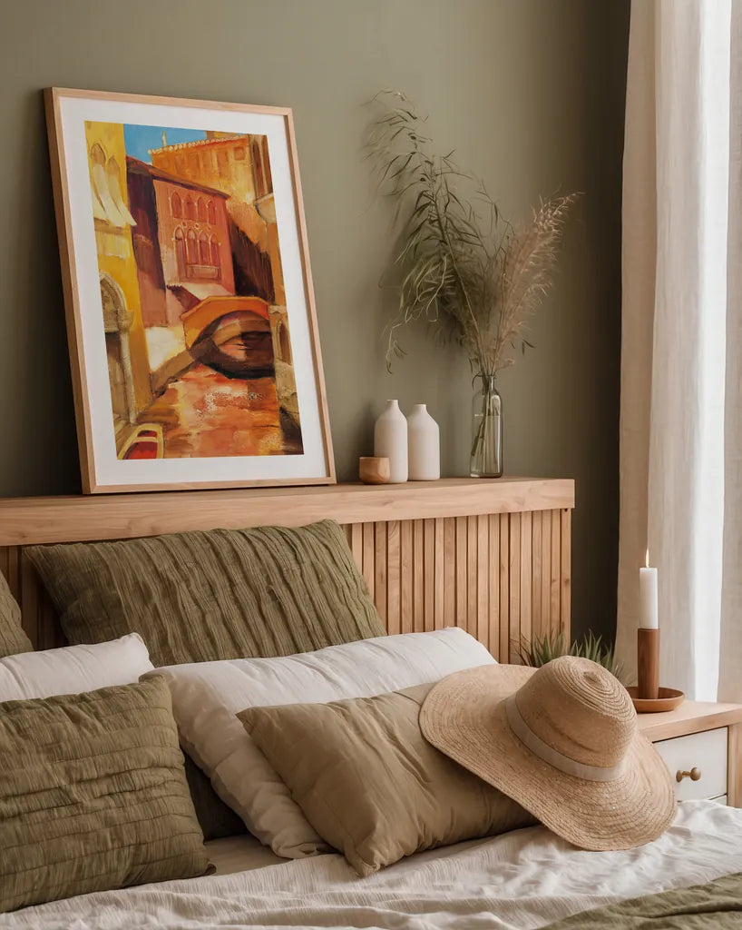 Morning on the Canal I by Albena Hristova. shown as a paper print in a natural frame. Available as a archival giclee rolled canvas, fine art paper, or poster print. SKU 6320h.