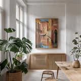 Morning on the Canal II by Albena Hristova. shown as a print in a natural wood frame in a dining room. Available as a archival giclee rolled canvas, fine art paper, or poster print. SKU 6321h.