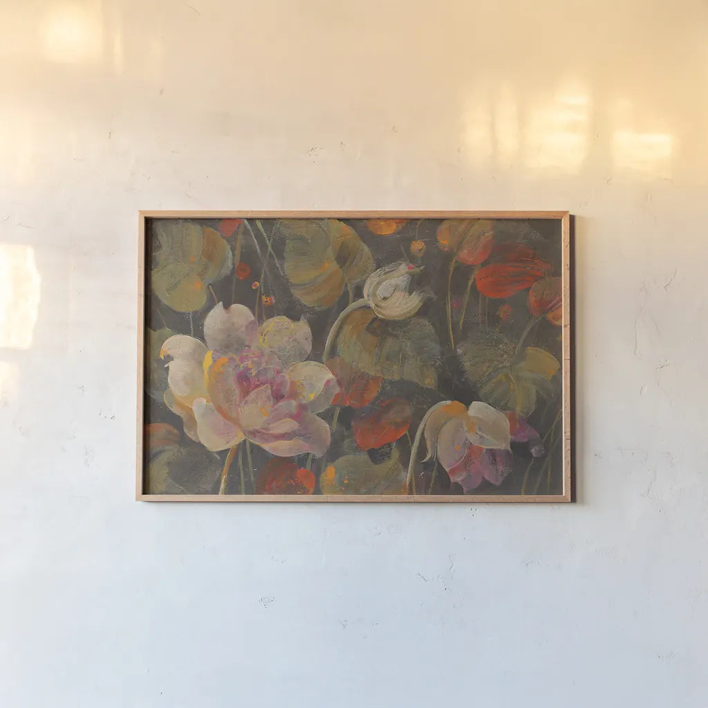 Night Garden by Albena Hristova. shown as a paper print in a natural frame. Available as a archival giclee rolled canvas, fine art paper, or poster print. SKU 30231i.