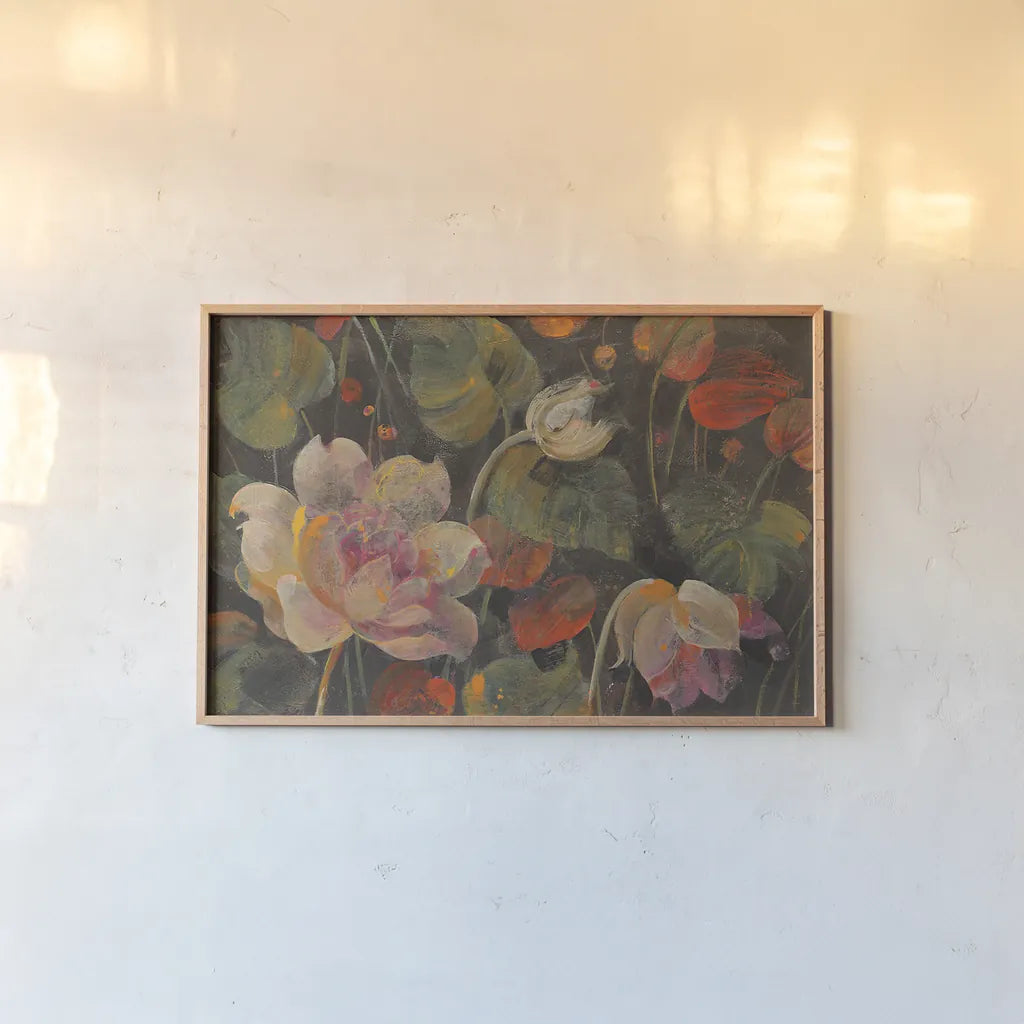 Night Garden v2 by Albena Hristova. shown as a paper print in a natural frame. Available as a archival giclee rolled canvas, fine art paper, or poster print. SKU 30795i.