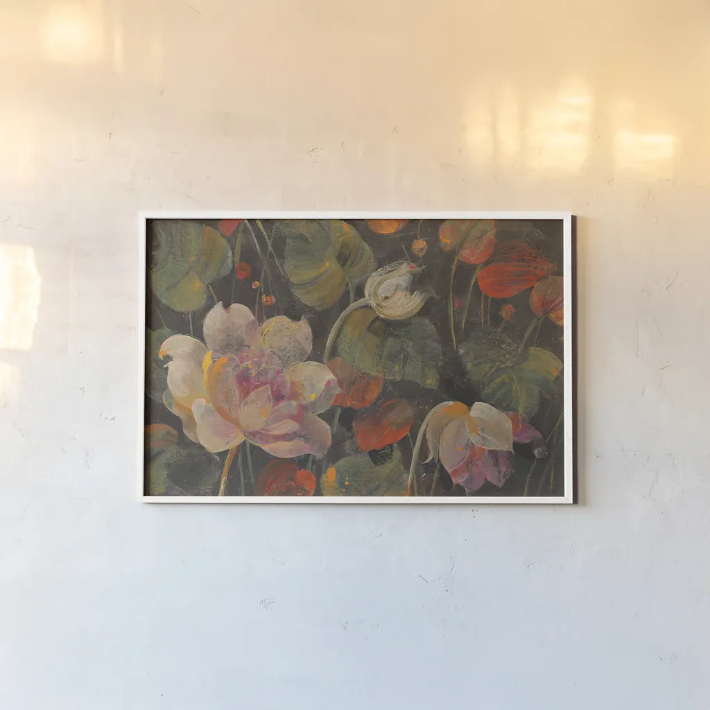 Night Garden v2 by Albena Hristova. shown as a paper print in a white frame. Available as a archival giclee rolled canvas, fine art paper, or poster print. SKU 30795i.